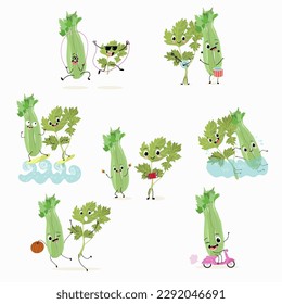 Illustration vector set, collection with funny characters celery, parsley.  Funny and healthy food. Vitamins, cute face food, ingredients, vegetarian, vector cartoon,Seasoning, salad ingredients.