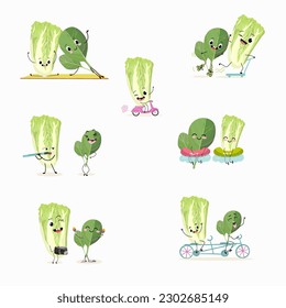 Illustration vector set, collection with funny characters, chinese cabbage, chinese cabbage, spinach, lettuce. Funny and healthy food. Vitamins, cute face food, ingredients, vegetarian, vector cartoon