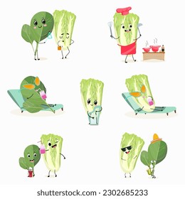 Illustration vector set, collection with funny characters, chinese cabbage, chinese cabbage, spinach, lettuce. Funny and healthy food. Vitamins, cute face food, ingredients, vegetarian, vector cartoon