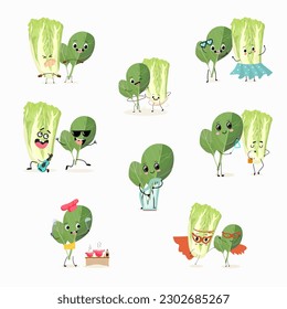 Illustration vector set, collection with funny characters, chinese cabbage, chinese cabbage, spinach, lettuce. Funny and healthy food. Vitamins, cute face food, ingredients, vegetarian, vector cartoon