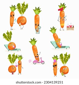  Illustration vector set, collection with funny vegetables characters of paris carrot, pectin, beta carotene, vegetarian, daucus carota, dutch carrot. Funny and healthy food. Vitamins, cute face food