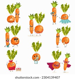  Illustration vector set, collection with funny vegetables characters of paris carrot, pectin, beta carotene, vegetarian, daucus carota, dutch carrot. Funny and healthy food. Vitamins, cute face food