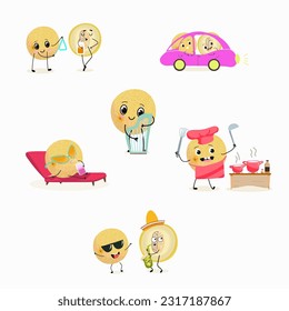 Illustration vector set, collection with funny  fresh
berry, fruit, cheerful, melon
characters doing sports, playing musical instruments. Vector cartoon, agriculture, raw.