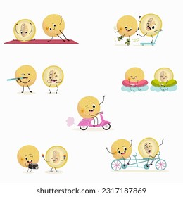 Illustration vector set, collection with funny  fresh
berry, fruit, cheerful, melon
characters doing sports, playing musical instruments. Vector cartoon, agriculture, raw.