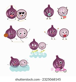 Illustration vector set, collection with funny  fresh
purple onion, cut onion, bulb, half onion, madeira onion characters doing sports, playing musical instruments. Vector cartoon, agriculture, raw.