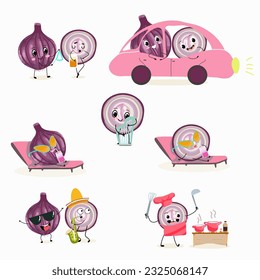 Illustration vector set, collection with funny  fresh
purple onion, cut onion, bulb, half onion, madeira onion characters doing sports, playing musical instruments. Vector cartoon, agriculture, raw.