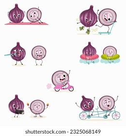 Illustration vector set, collection with funny  fresh
purple onion, cut onion, bulb, half onion, madeira onion characters doing sports, playing musical instruments. Vector cartoon, agriculture, raw.