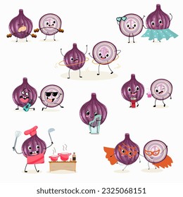 Illustration vector set, collection with funny  fresh
purple onion, cut onion, bulb, half onion, madeira onion characters doing sports, playing musical instruments. Vector cartoon, agriculture, raw.