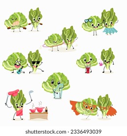 Illustration vector set, collection with funny  fresh
omano, lettuce,iceberg, salad, vegetable characters doing sports, playing musical instruments. Vector cartoon, agriculture, raw.