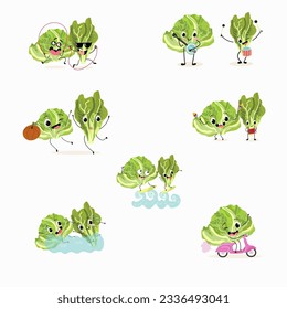 Illustration vector set, collection with funny  fresh
omano, lettuce,iceberg, salad, vegetable characters doing sports, playing musical instruments. Vector cartoon, agriculture, raw.