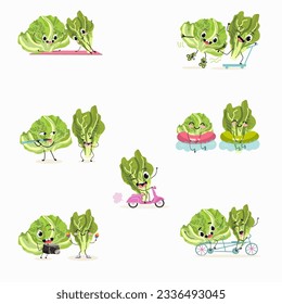 Illustration vector set, collection with funny  fresh
omano, lettuce,iceberg, salad, vegetable characters doing sports, playing musical instruments. Vector cartoon, agriculture, raw.