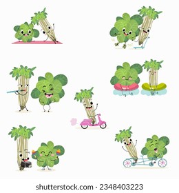 Illustration vector set, collection with funny  fresh
cress, watercress, salad,kawaii, corn salad, cornsalad, lamb’s-lettuce,  vegetable characters doing sports, playing musical instruments. 