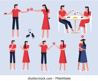 Illustration vector set of couple in love man and woman action together,hug,give gift,talk,get problem,dinning,