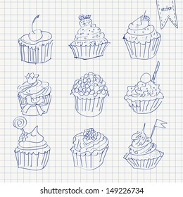 Illustration of vector set of cupcakes  on squared paper