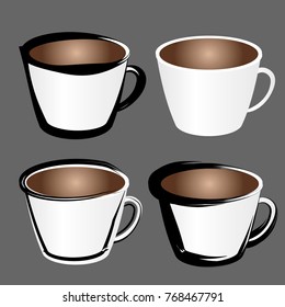 Illustration of vector set of cups coffee or tea.Preparation of beverages.Collection of glasses with cappuccino, latte, espresso, americano, mocha, frappuccino.