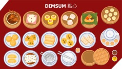 Illustration vector set of dim sum Asian food isolated for Chinese meal table setting, xiao long bao, Shrimp Dumplings,bun,egg tart,spring roll,sesame ball,rice,chicken feed,noodles,turnip cake,shumai