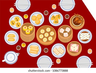 Illustration vector set of dim sum Asian food isolated for Chinese meal table setting, xiao long bao, Shrimp Dumplings,bun,egg tart,spring roll,sesame ball,rice,chicken feed,noodles,turnip cake,shumai