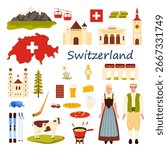 Illustration vector set featuring Swiss culture, traditional clothing, mountain landscapes, chocolate, cheese fondue, architecture, cow, train, alps, alphorn, and other iconic elements of Switzerland.