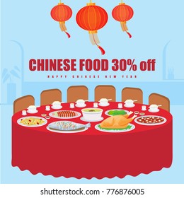 Illustration vector set of fine Chinese food dish on dinner table setting concept on Chinese new year day at restaurant. Promotion voucher.