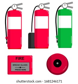 Illustration Vector Of A Set Of Fire Prevention Equipment; Fire Extinguisher, Bell, Break Glass, Fire Alarm