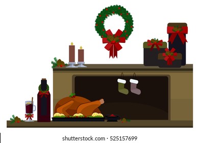 Illustration vector set of fireplace and dinner table on Christmas theme.