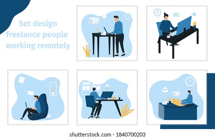  Illustration Vector Set Of Freelance People Working Remotely. Collection Of Man And Woman Use Computer Or Laptop At Comfortable Workplace Isolated On White. Self Employed Person At The Home Office