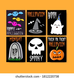 illustration vector of set halloween invitation card or greeting card with six creative design, cute bat, wizard hat, boo, rip , spooky skull, cute pumpkin