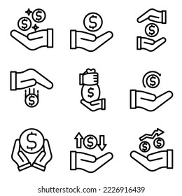 ilustración conjunto de vectores línea de iconos ganancia, moneda, oro, mano, transacción, dinero.