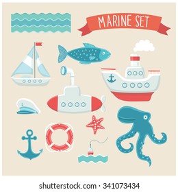 Illustration vector set  of marine cute elements