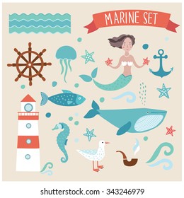 Illustration vector set of marine cute elements