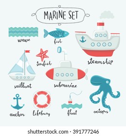 Illustration vector set  of marine cute elements and lettering name in English 