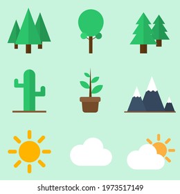 illustration vector set of nature theme icons. there are trees, sun, mountains, clouds, cacti, plants. suitable for web design, print media, and others according to your needs.