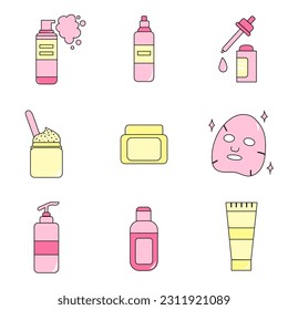 illustration Vector set Network Cosmetics Bank Cream Mask Beautician Pink Yellow cream shampoo Dispenser Face Cream Facial Oil Serum