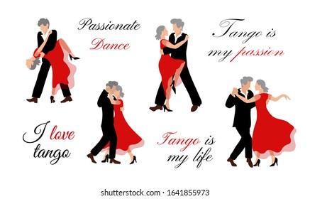 Illustration Vector Set Of Old People Dancing In Flat Style On A White Background. A Vigorous Old Man And An Old Woman With Gray Hair Dance A Beautiful Dance, Like Young Ones. Motivational Lettering