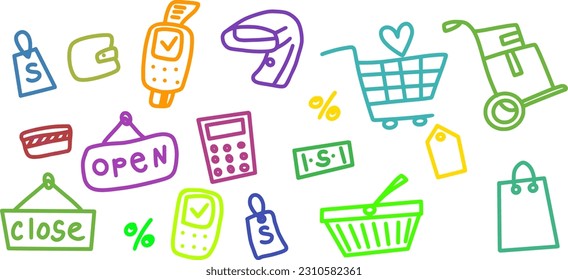 Illustration of vector set of online shopping.doodle-style isolated trading elements shopping cart, atm, credit card, interest black line on background for design template.cup, bag, calculator.