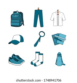 illustration vector of set school supplies with blue theme