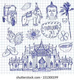 Illustration of vector set of Thailand with temple, buddha, elephant, traditional food and flower isolated