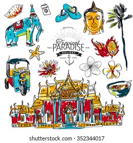 Illustration of vector set of Thailand with temple, buddha, elephant, traditional food and flower isolated