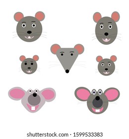 Illustration in vector with seven gray mouse heads. Drawings are made using figures in the flat style.