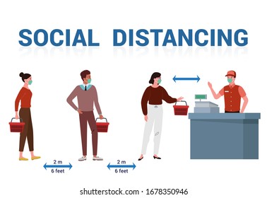 illustration or vector of several people who use masks are queue to shop at supermarkets and do social distancing