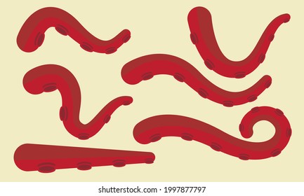 Illustration vector of several positions of the tentacles of an octopus or kraken that seems to have turned red in color.
