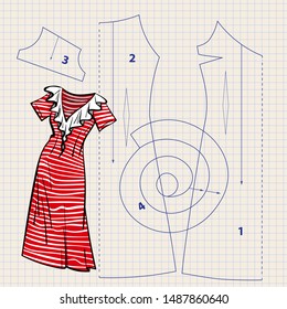 Illustration of a vector with sewing pattern and sketch of vintage dress