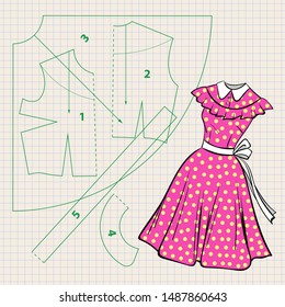 Illustration of a vector with sewing pattern and sketch of vintage dress