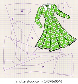 Illustration of a vector with sewing pattern and sketch of vintage dress