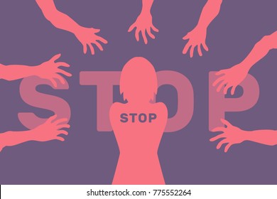 Illustration vector, sexual harassment over women, flat design concept, hands stretch, text stop, blue, dark, pink, red, crime, against, rape, abuse