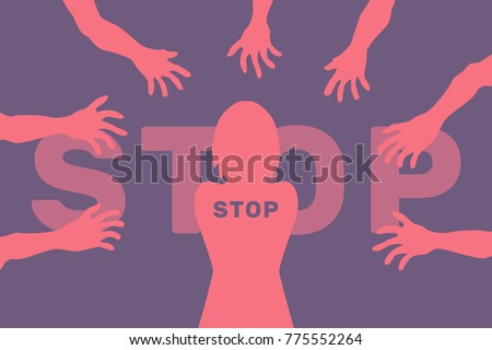 Illustration vector, sexual harassment over women, flat design concept, hands stretch, text stop, blue, dark, pink, red, crime, against, rape, abuse