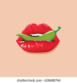 illustration vector . sexy lips. Applying red lipstick colorful. mouth with chilli color green.