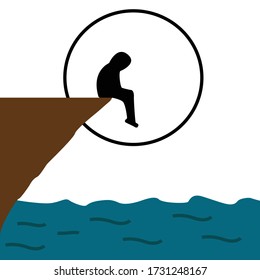 Illustration Vector: Shadow person that sit back and ponder on mountains by the sea drawing