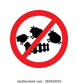 illustration vector of sheep jumping over a fence with Red forbidden traffic sign. The sign forbid the sheep jumping over the fence that make driver falling asleep, creative design.