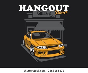 illustration vector showcasing retro 90s car with cafe background design graphic for printed tees